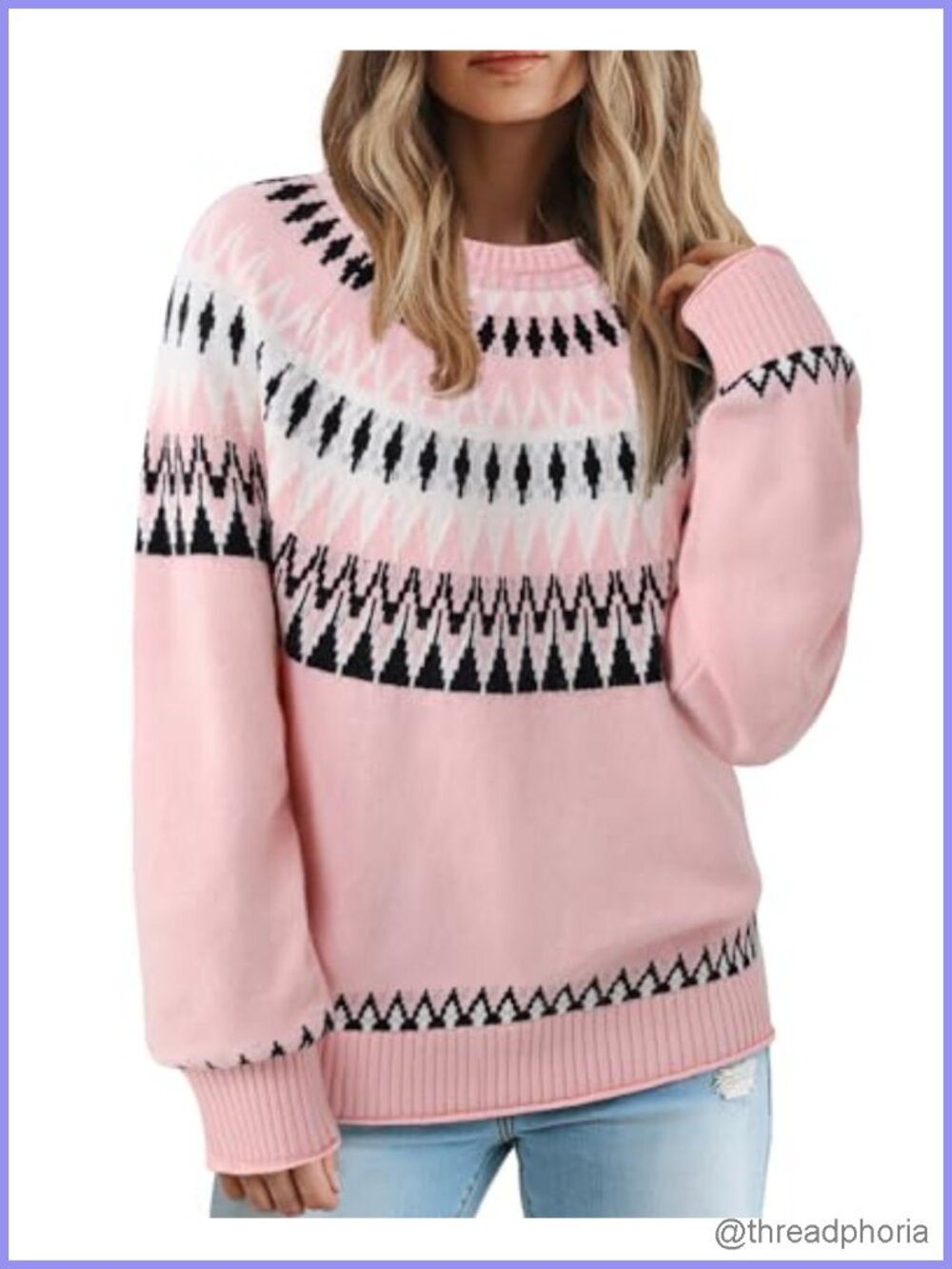Fair Isle Pattern Colorblock Cozy Knit Pullover Sweater Long Sleeve
